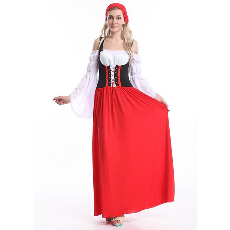 Woman Ladies Long Red Oktoberfest Costume Beer Maid Wench Fancy Dress