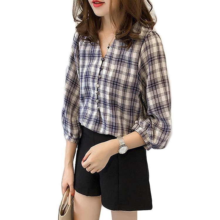 Áo Sơ Mi Nữ Cổ V Form Rộng Tay Bồng Kẻ Caro