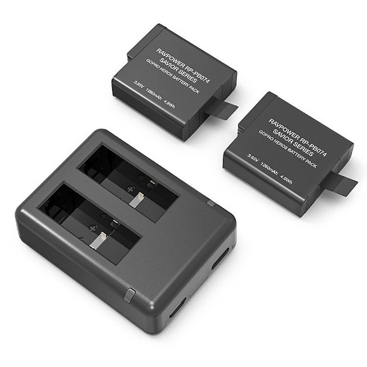 Bộ 2 pin và sạc đôi RavPower RP-PB074 cho Gopro Hero 7 Hero 6 Hero 5 Black - Hàng chính hãng