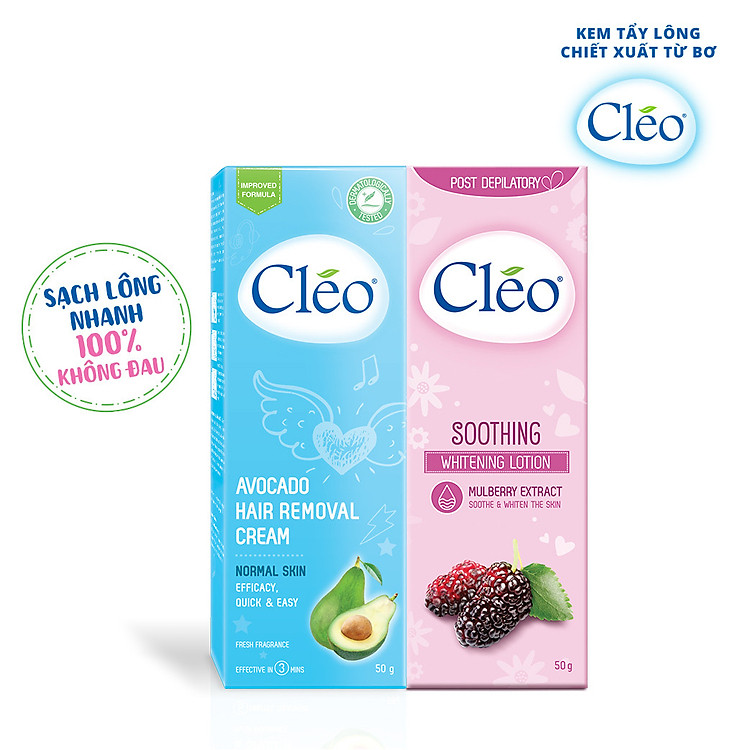 Bộ đôi Kem tẩy lông Cléo da thường 50g và Sữa dưỡng dịu da sau tẩy lông Cléo giúp trắng sáng 50g