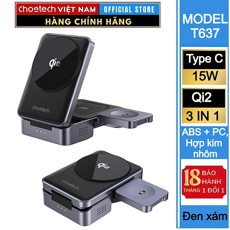 Đế sạc nhanh không dây 3 in 1 công suất 15W Choetech T637 chuẩn Qi2 - Hàng chính hãng
