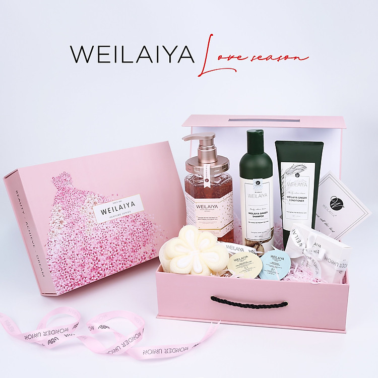 Set quà tặng gồm Cặp gội xả gừng xanh nguyên chất và Sữa tắm trắng da Weilaiya Tặng Minisize dầu gôi thượng lưu - Gói hộp quà sang trọng