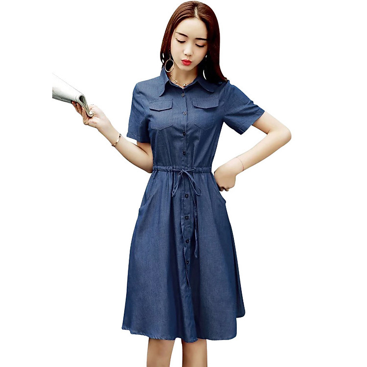 Đầm xoè denim eo rút dây