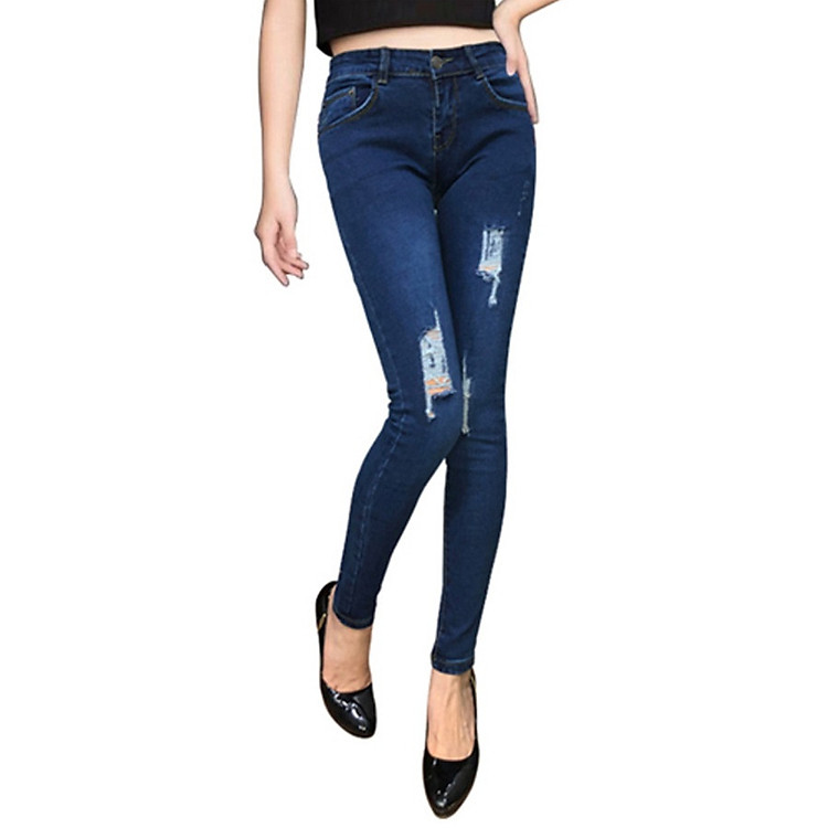 Quần jean nữ cạp cao chất đẹp màu xanh vi sinh rách