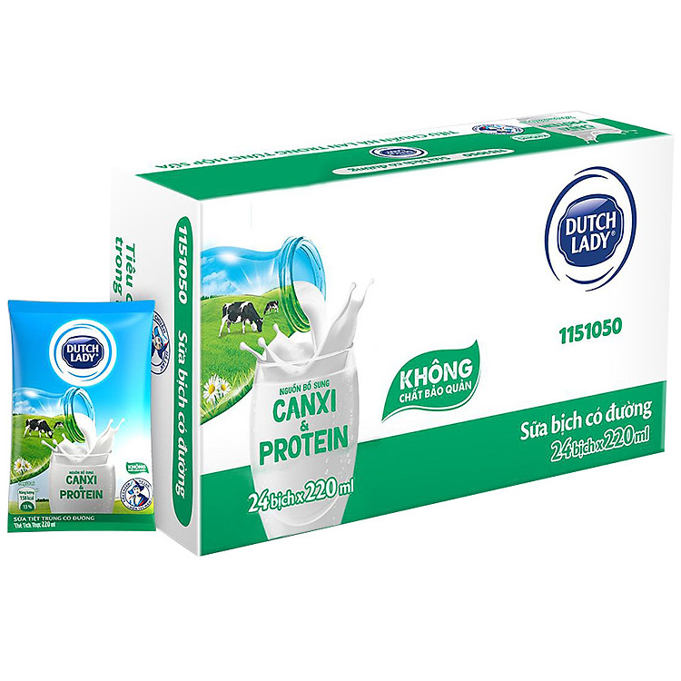 Thùng 24 bịch sữa tiệt trùng Dutch Lady Cô Gái Hà Lan có đường (24 bịch x 220ml)