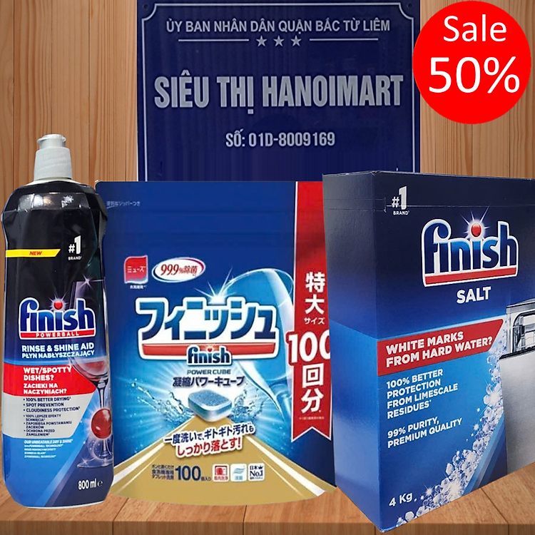 Combo Viên rửa bát Finish Classic 100 viên + Muối Finish 4.0kg + Nước làm bóng Finish 750ml
