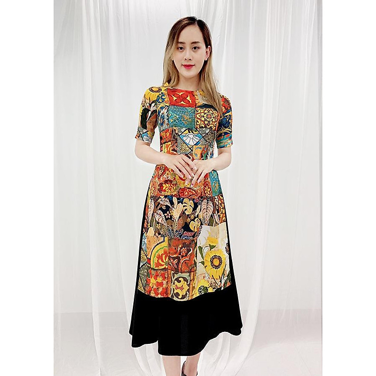 Áo Dài Cách Tân Kiểu Set Áo Dài 3D In Họa Tiết Hoa Và Lá Rực Rỡ Kèm Chân Váy ROMI 3140