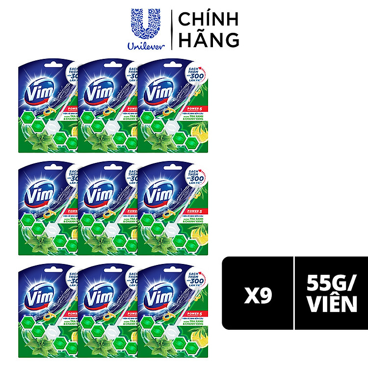 Combo 9 Viên Tẩy Bồn Cầu Vim Power 5 Sạch Khuẩn Thơm Mát (55g/viên ) Hương Chanh