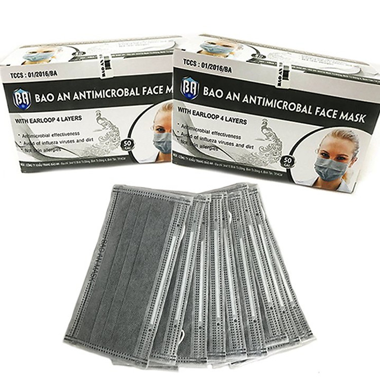 Combo 2 Hộp Khẩu Trang Y Tế Màu Xám 4 Lớp Bảo An (Có Than Hoạt Tính) - 2 Hộp 100 Pcs
