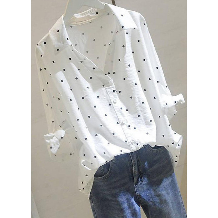 Sơ mi chấm bi cổ bẻ tay cột dây Haint Boutique sm42-trắng
