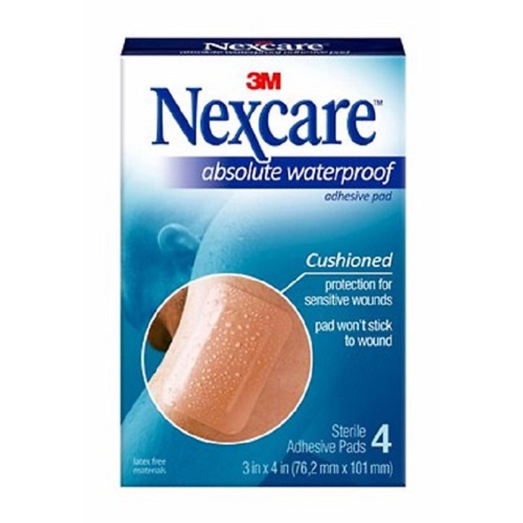Hộp 4 miếng gạc khử trùng chống thấm nước màu da, có bông thấm hút dịch mủ, cỡ lớn 3M Nexacare Awp34, thương hiệu Mỹ
