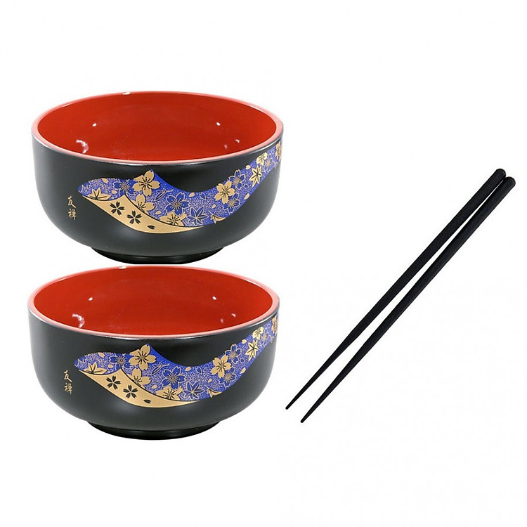 Combo 02 chén ăn cơm tròn màu đen lòng đỏ + 01 đôi đũa Tanaka 22,5cm màu đen hàng nội địa Nhật Bản