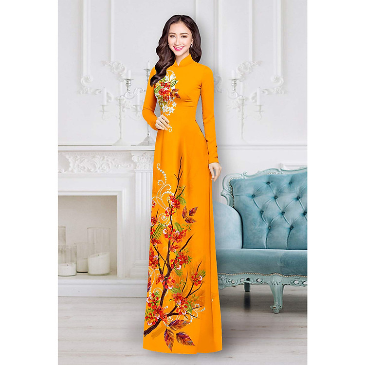 Vải Áo Dài in 3D - Siêu Lụa Cao cấp - Họa Tiết Hoa Phượng Đỏ Trên Nền Vải Cam, Mang Lại Sự Tri Thức Cho Người Mặc, Tôn Vinh Nét Đẹp Truyền Thống Phụ Nữ Việt SY-AD-433-23
