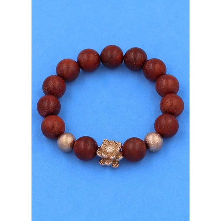 Chuỗi đeo tay Gỗ Đỏ 12 ly mix Bông Sen inox vàng hồng VGOHSHBH12 - Vòng tay hoa sen inox 304
