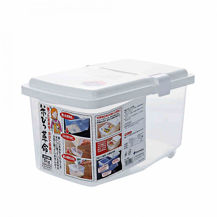 Thùng gạo 5kg nắp bật có bánh xe & ca đong nội địa Nhật Bản