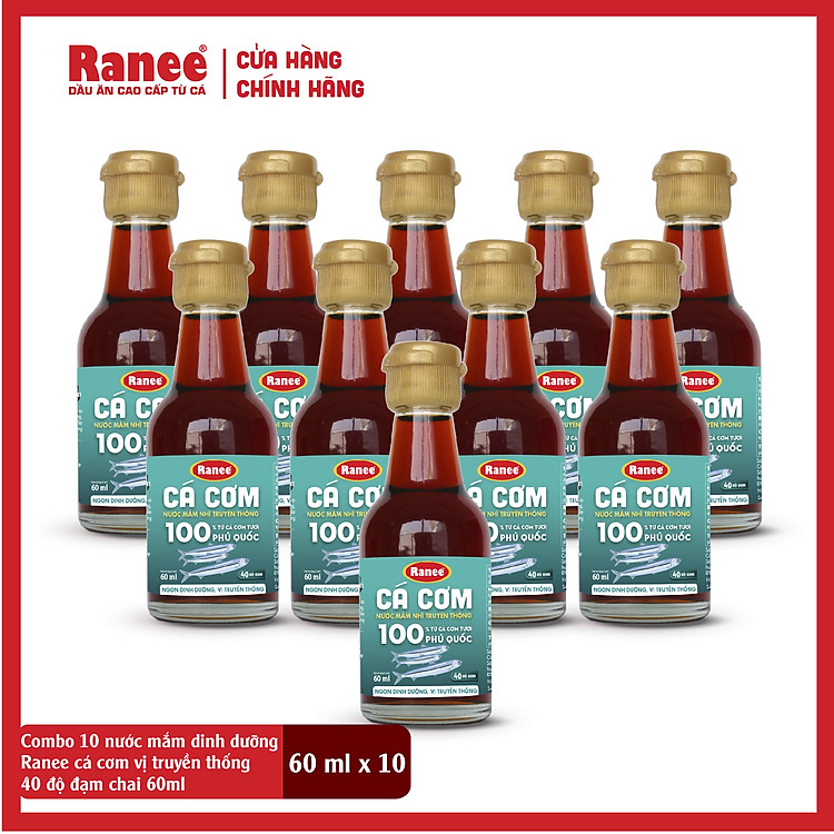 {Đơn 199k tặng hộp bơ 80g} Hộp 10 chai Nước mắm dinh dưỡng Ranee cá cơm vị truyền thống 40 độ đạm chai 60ml ( 10 chai x60ml)