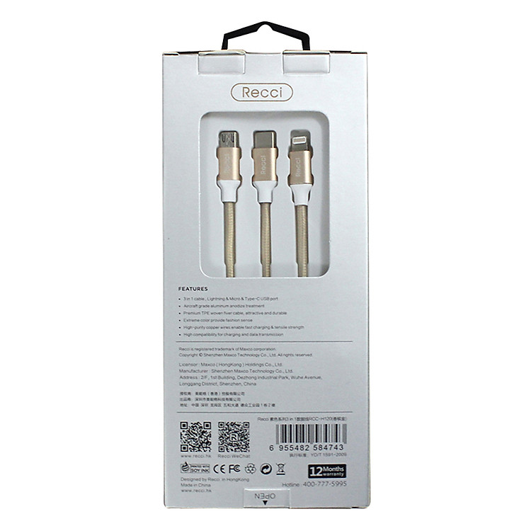 Cáp 3 in 1 Recci Delicate - Hàng Chính Hãng
