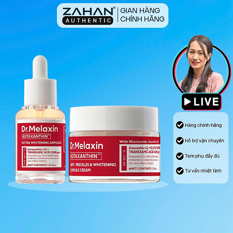 Combo đỏ Dr.Melaxin gồm Serum, Kem dưỡng, Kem chống nắng Astaxanthin Whitening