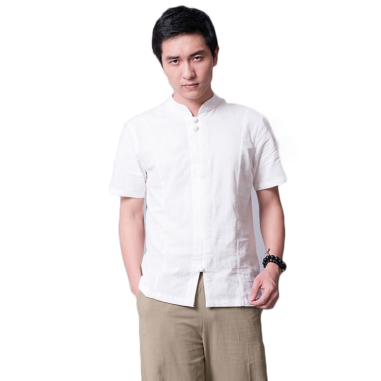 Áo sơ mi nam vải đũi cộc tay cổ trụ 2 cúc tết trắng Rough