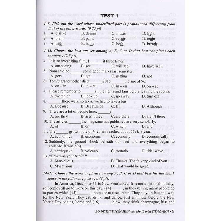 Bộ Đề Thi Tuyển Sinh Vào Lớp 10 Môn Tiếng Anh - Ảnh 4