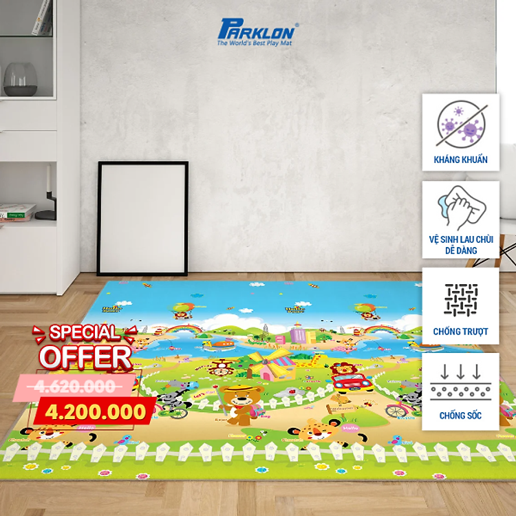 Thảm Em Bé Cao Cấp Parklon PE Họa Tiết Thành Phố Cầu Vồng + Tam Giác Đan Xen Chính Hãng Hàn Quốc 200x180x1.7 Chống Bụi Kháng Khuẩn Khử Mùi Chống Ồn Chống Trượt Chống Sốc Dày Hai Mặt