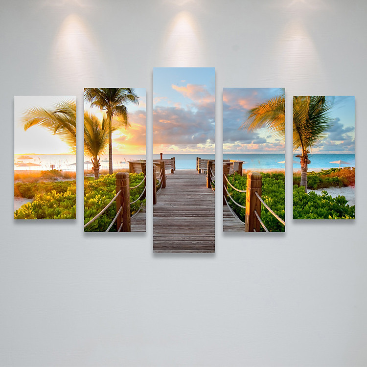 Tranh Ép Ván Gỗ, Tranh Treo Tường Laminate Treo Phòng Khách Chủ Đề Cây Cầu Và Biển, Tranh ghép 5 tấm - PGLMN6