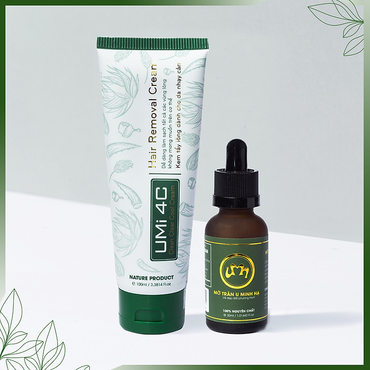 Combo tẩy triệt lông Chân Tay vĩnh viễn UMIHA tại nhà | Mỡ trăn triệt lông vĩnh viễn U Minh Hạ (30ml) & Kem tẩy lông UMIHA (65ml) an toàn cho da nhạy cảm
