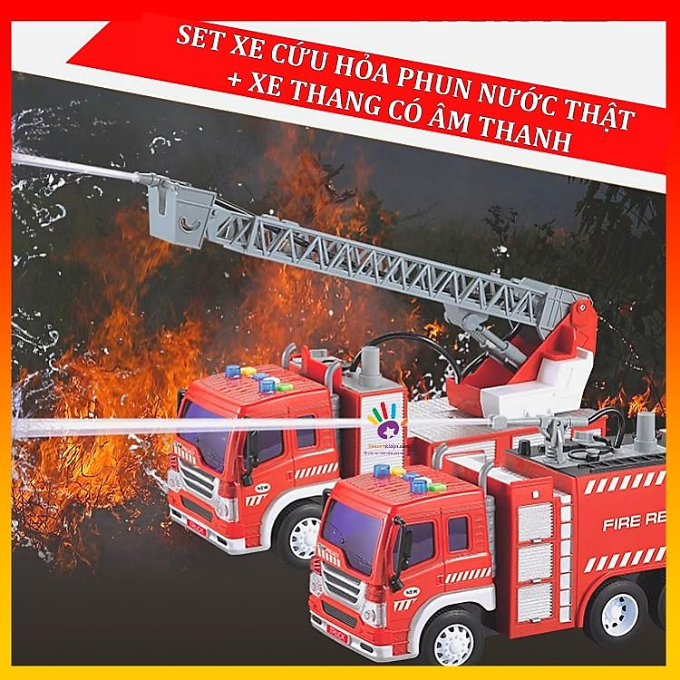 HÀNG LOẠI 1- Set 2 đồ chơi xe cứu hỏa Phun Nước Thật Loại to phát nhạc 1:16