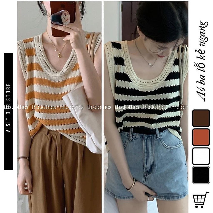 Áo len 3 lỗ kẻ ngang 4 màu kết hợp bra, quây cực chất mẫu hot nhất hè thu 2022 - Áo ba lỗ len móc hàng QC cao cấp