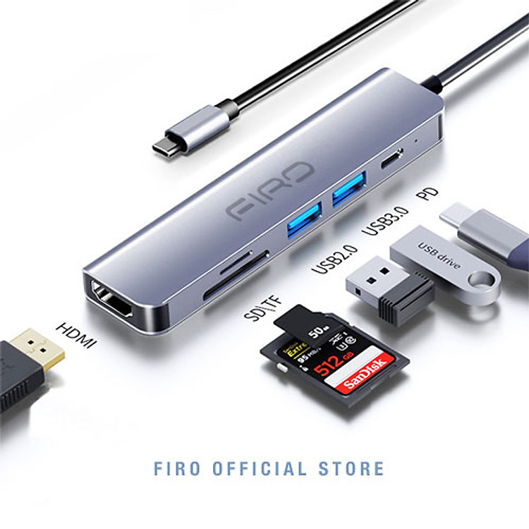 Hub USB Type-C To HDMI FIRO 6in1 Chuẩn HDTV - Hub Chuyển Đổi Type-C Chia 6 Cổng - 1 Cổng HDMI/HDTV 4K, 2 Cổng USB 3.0, 2 Khe Đọc Thẻ TF Và SD, 1 Cổng Sạc Nhanh Type C PD - Kết Nối Tốc Độ Cao - Hub USB FIRO – Hàng Chính Hãng