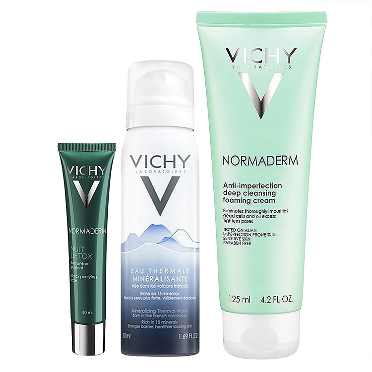 Combo Gel Se Khít Lỗ Chân Lông, Giải Độc Đêm Vichy Normaderm 40ml + Sữa Rửa Mặt Ngăn Ngừa Mụn, Se Lỗ Chân Lông Vichy 125ml tặng Xịt Khoáng Vichy 50ml
