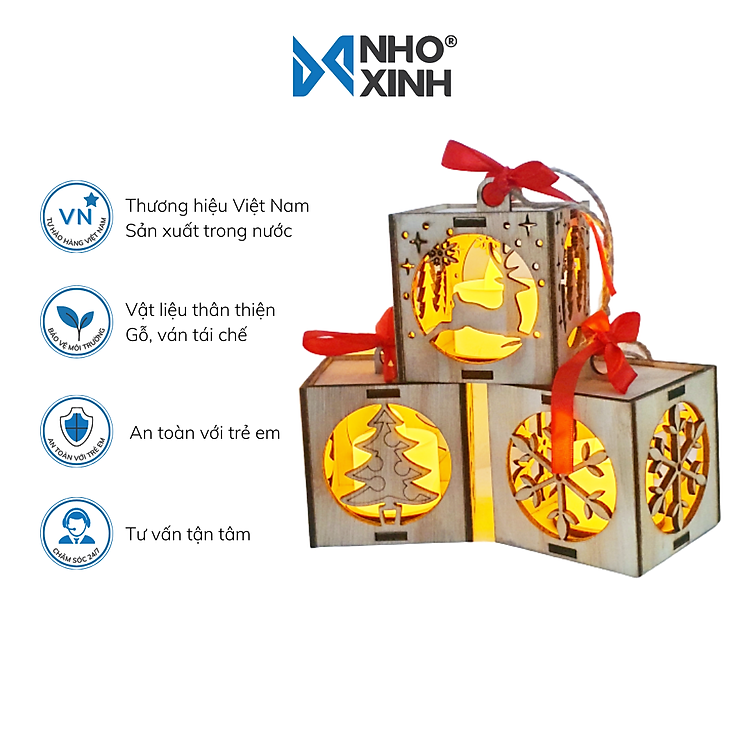 Hộp 3 đèn vuông trang trí cây thông Noel có đèn nến ánh sáng vàng