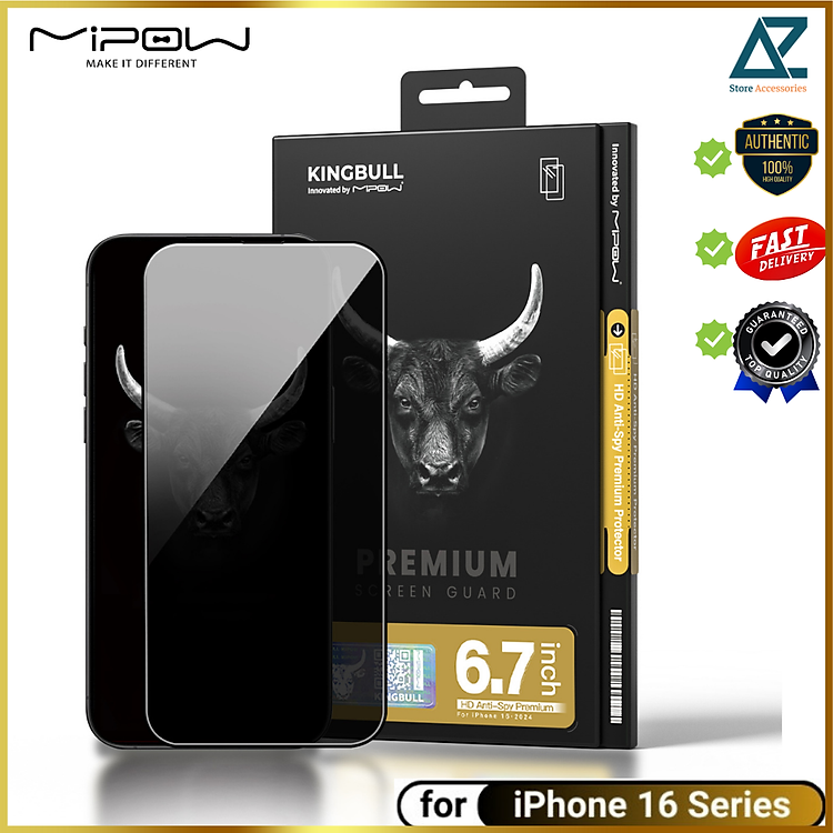 Miếng Dán Cường Lực Chống Nhìn Trộm Mipow Kingbull ANTI-SPY Premium iPhone 16 / 16 Plus/ iPhone 16 Pro/ iphone 16 Promax_ Hàng chính hãng