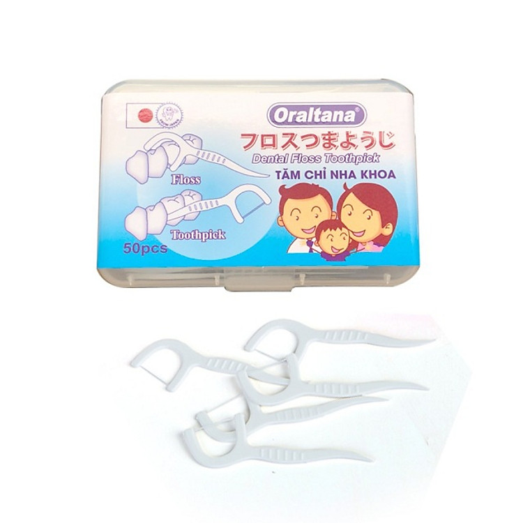 Hộp 50 cái tăm chỉ nha khoa Oraltana mẫu mới vệ sinh răng miệng dễ dàng 2 trong 1