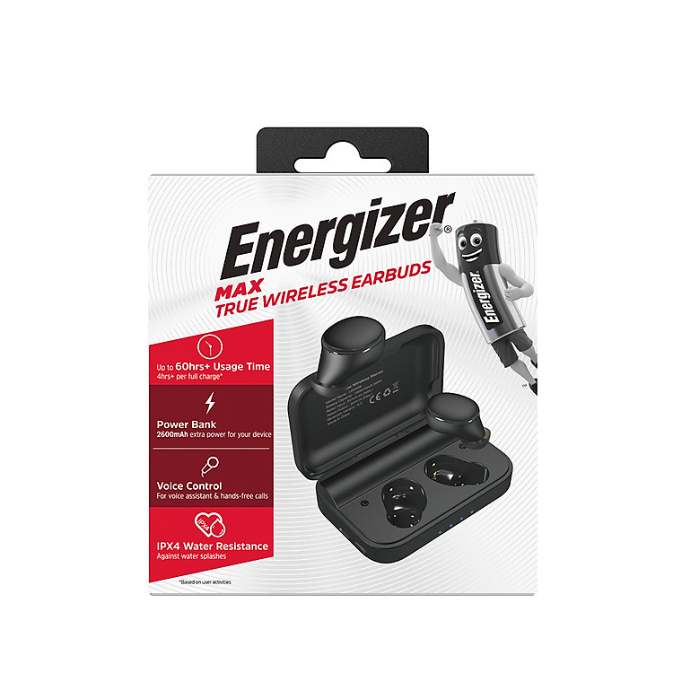 Tai nghe True Wireless Energizer UB2608 kèm hộp sạc di động chống thấm nước IPX4 -Hàng Chính Hãng