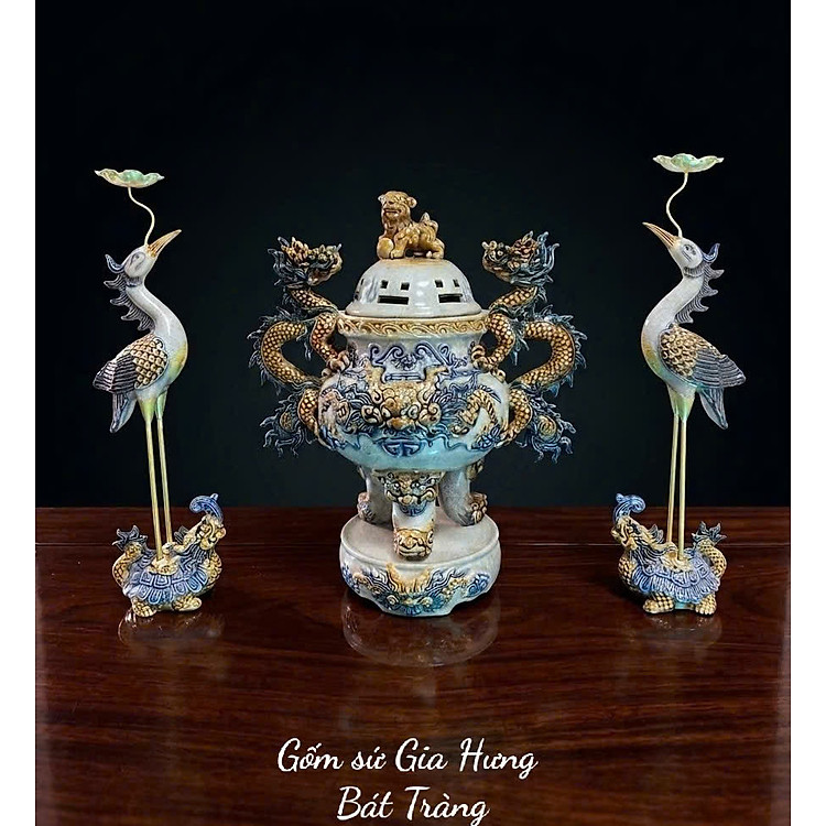 Bộ Đỉnh hạc Tam sự Chân đồng Men rạn Đắp nổi - Gốm sứ Bát Tràng