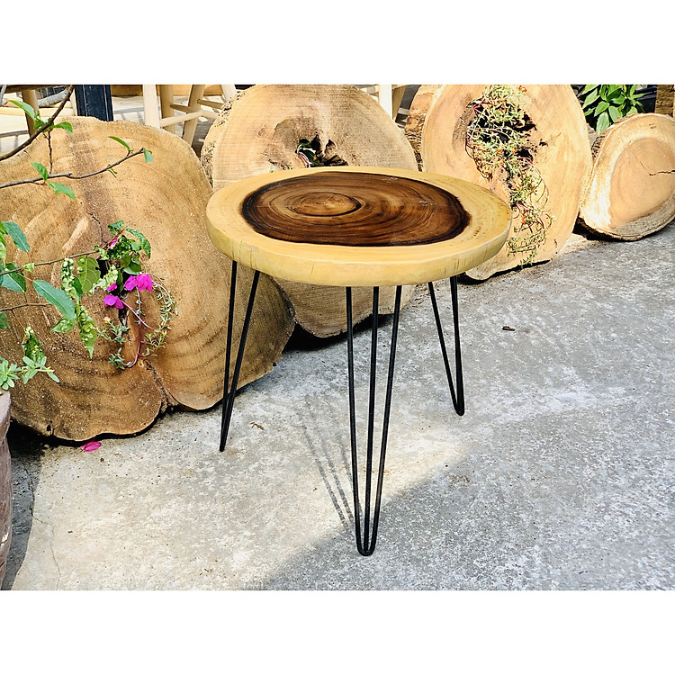 BÀN TRÀ GỖ ME TÂY TRÒN ĐK MẶT 45-50CM CHÂN SẮT CHỮ V CAO 55CM