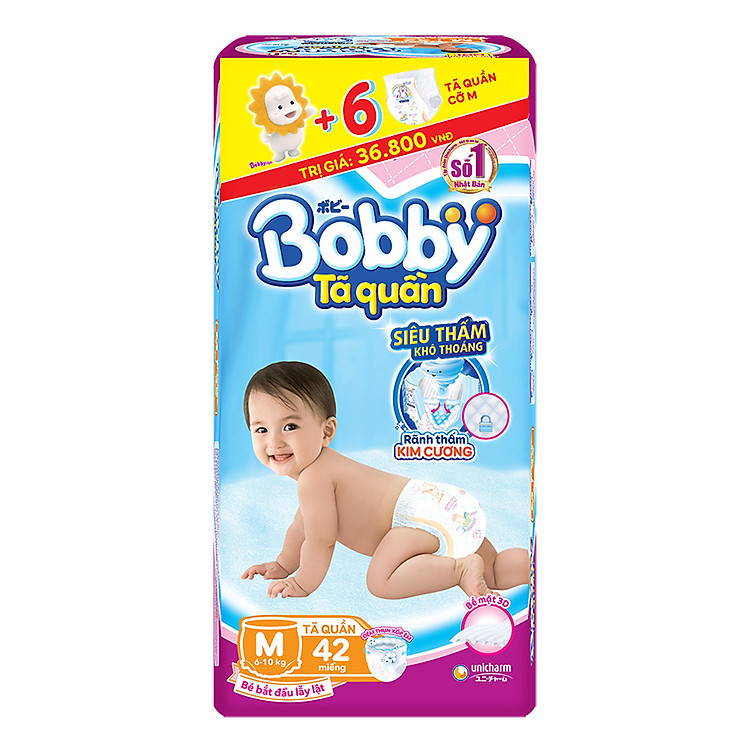Tã Quần Bobby Gói Lớn M42 (42 Miếng) + 6 Miếng Cùng Size