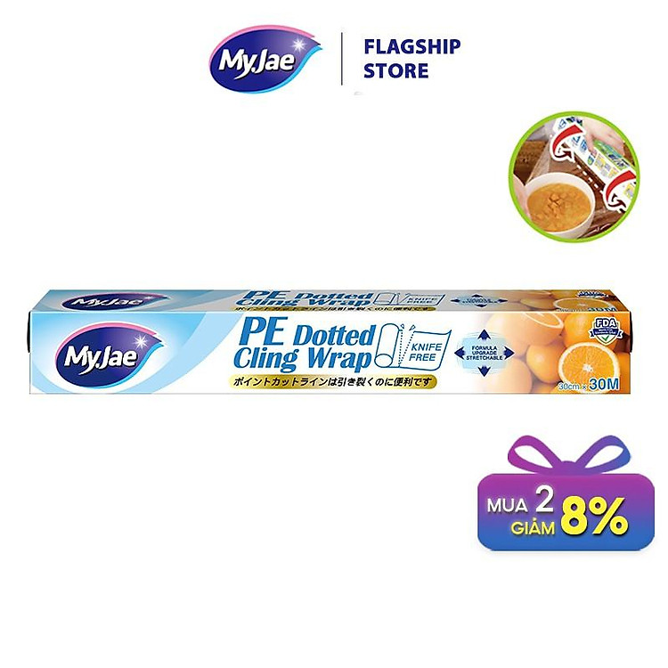 Màng bọc thực phẩm PE MyJae Đài Loan 30cmx30m dạng xé chấm đứt bảo quản thực phẩm an toàn tiện lợi