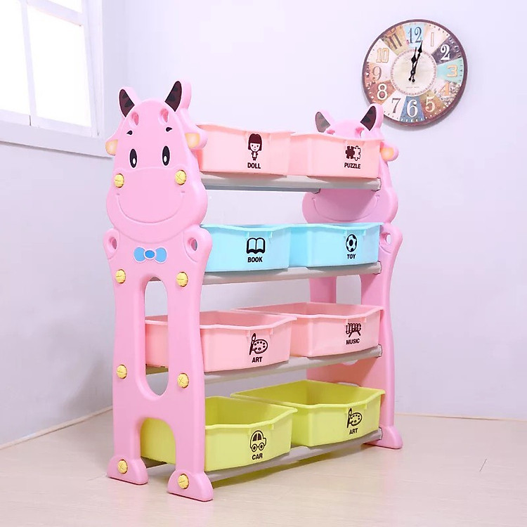 Kệ Đựng Đồ Chơi 4 Tầng 8 Ngăn Cho Bé hình Bò sữa màu Hồng đáng yêu