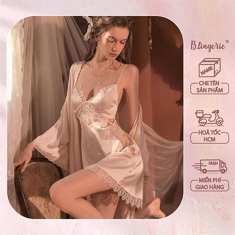 Đầm Ngủ Hai Dây Phối Ren Hoa (Không kèm áo choàng) - B.Lingerie