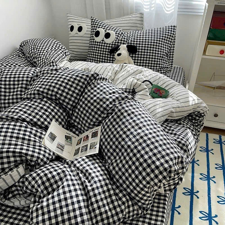 Bộ vỏ chăn ga gối cotton tici LIDACO họa tiết kẻ đôi mắt hiện đại bo chun đủ mọi cỡ nệm