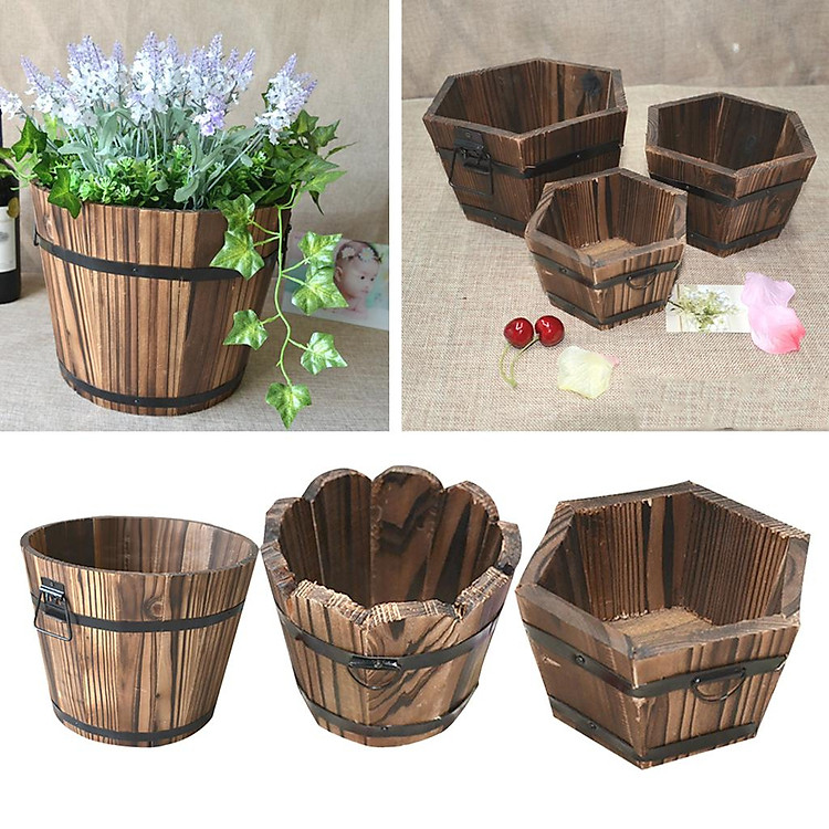 Set of 3 Rustic Whiskey Wood Barrel Succulent Plants Flower Pot Garden Decor