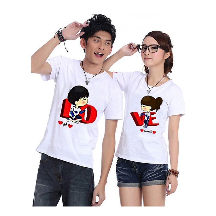 Bộ Áo Thun Đôi Nam Nữ Love Màu Trắng
