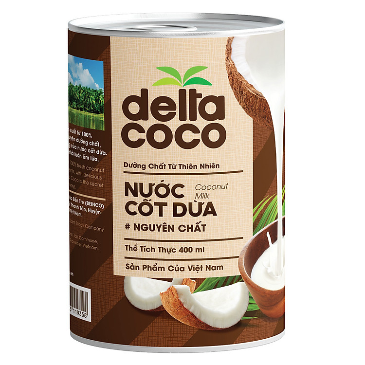 Nước cốt dừa Delta Coco 400ml- sản xuất từ 100% dừa Bến Tre - nước cốt dừa đóng lon nắp bật tiện lợi - vị tươi, thơm ngon đặc trưng của dừa Bến Tre - không sử dụng phụ gia hoặc chất cấm
