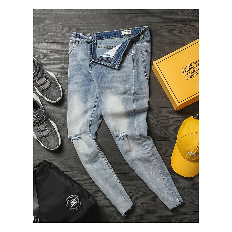 Quần jeans nam co dãn , quần bò nam kiểu trơn và rách gối săn lai thiết kế trẻ trung đơn điệu phá cách gồm 5 kích thước (28-32) Julido mẫu QJN099707 - Màu xanh bạc