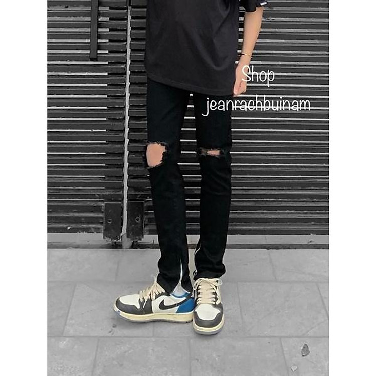 Quần jean nam, quân nam ống khóa chân dáng slim fit ống ôm côn, quần jean đen rách gối to co giãn có zipper
