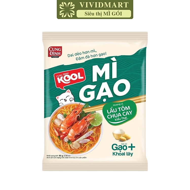 AFOTECH - Mì gạo Cung Đình Kool Lẩu tôm chua cay kiểu Thái, Mì gạo tôm chua cay thái Cung Đình Kool (82g/gói)