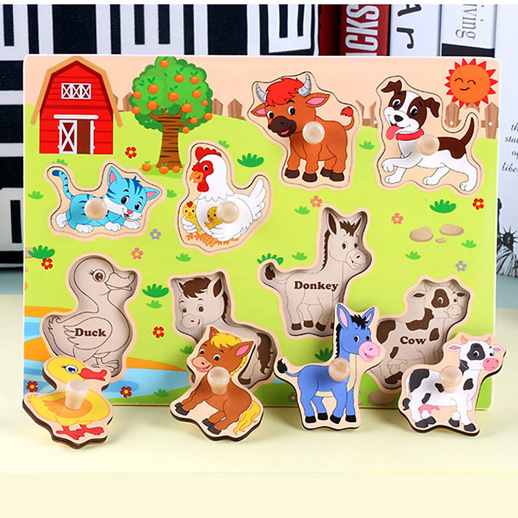 Bảng tranh ghép núm chủ đề động vật trái cây đồ chơi giáo dục