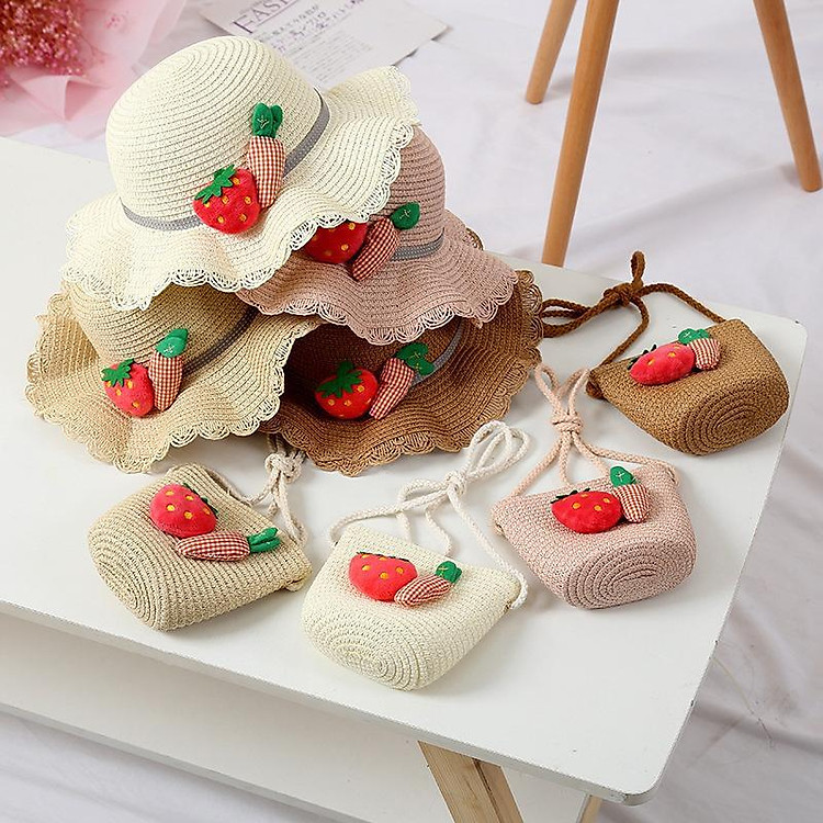 Set mũ cói cà rốt dâu tây + túi xách cói đi biển thời trang cho bé gái